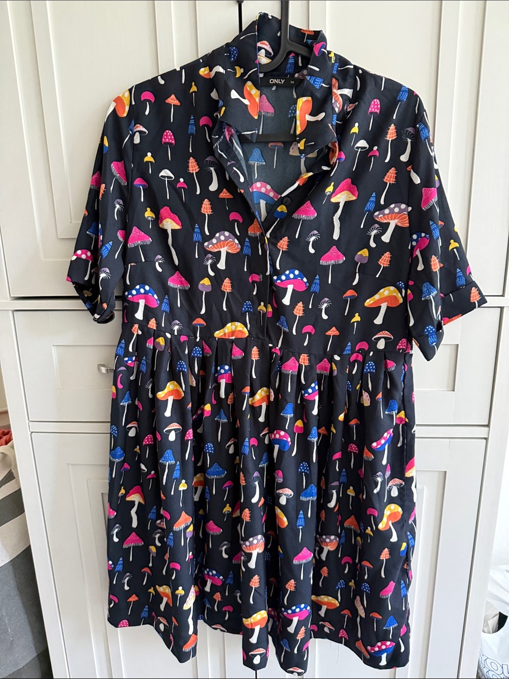 ONLY Black Short Sleeve Dress with Multicolor Mushroom Print